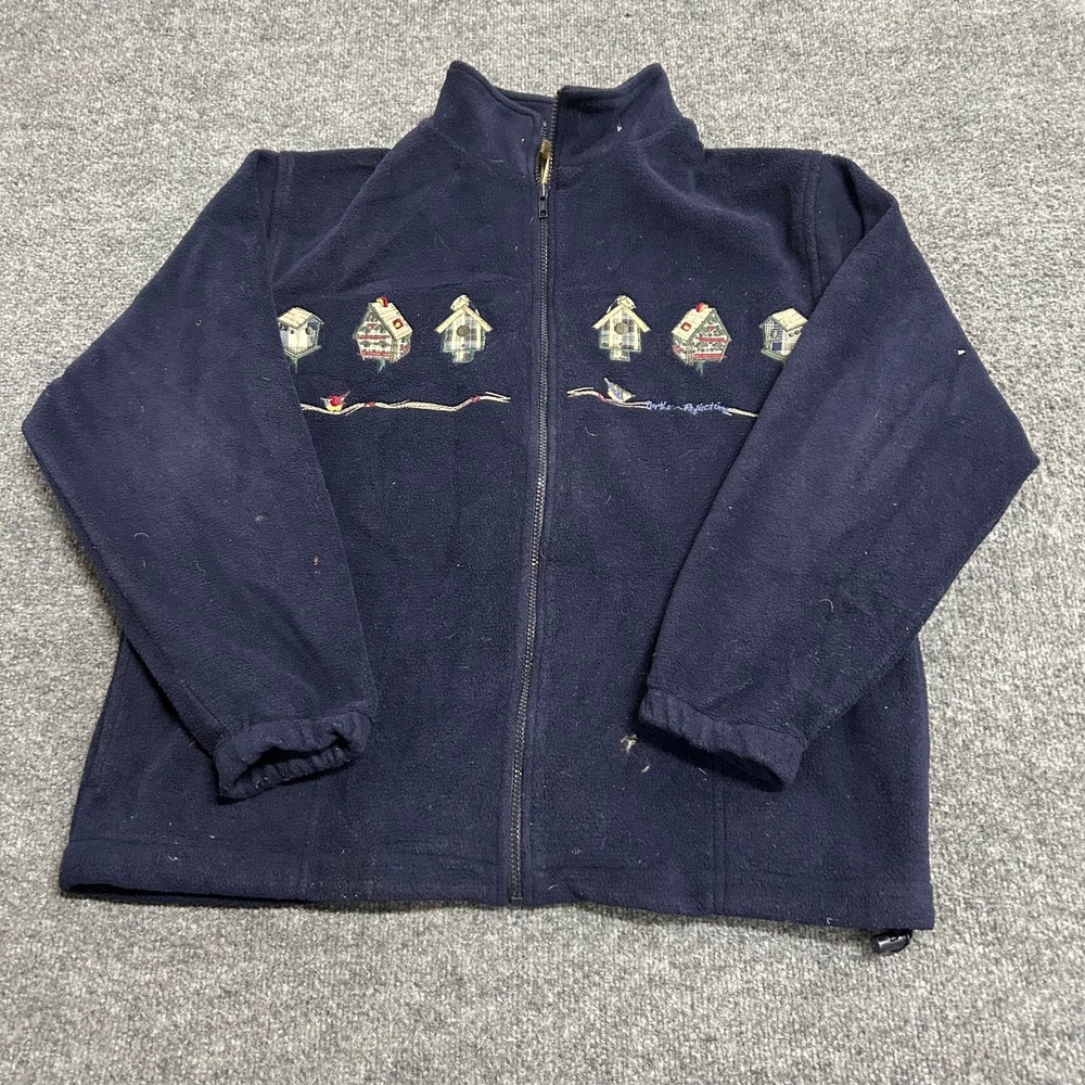 Northern Reflections Jacket Womens Size M Navy Blue Fleece Embroidered Birdhouse
